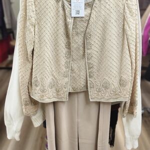 Adrianna Papell Cream and Gold Embroidered Dress